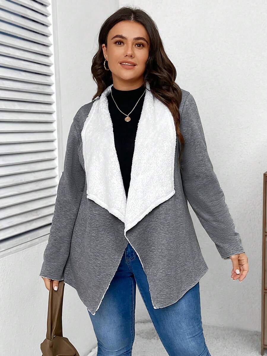 SHEIN LUNE Hơn Cổ áo thác nước Lót Teddy Mở Mặt trước áo - Xám - Xem 1