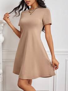 SHEIN Tall Chất rắn Vòng cổ Váy áo thun - Màu Khaki - Xem 3