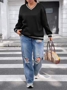 Flirla Plus Striped Trim Drop Shoulder Sweatshirt Pullover Fall Sweatshirt - Black - View 3