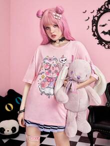 ROMWE Kawaii 卡通圖案落肩T恤 - 粉色 - 查看 5