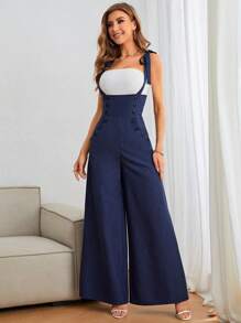 SHEIN Privé 雙排釦闊腿亞麻效果背帶連體褲 - 藏蓝色 - 查看 3