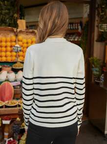 SHEIN Frenchy Striped Pattern Flap Pocket Cardigan - Black and White - View 5