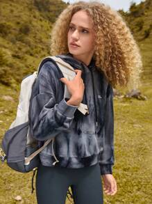 In My Nature Tie Dye Letter Graphic Drop Shoulder Drawstring Sweatshirt - Grey - View 5