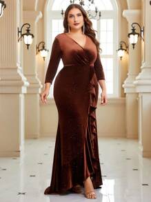 SHEIN Belle Burgundy Red Plus Ruffle Trim Glitter Bridesmaid Dress - Burgundy - View 7