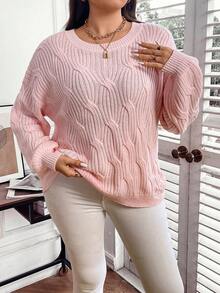 Celure 大碼麻花編織落肩袖套頭毛衣 - 粉色 - 查看 4