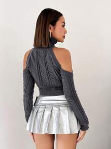 SHEIN ICON Turtleneck Cold Shoulder Knit Top - Grey - View 4