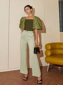 现代菲律宾女装春夏休闲纯色泡泡袖方领衬衫，夏季女装短款上衣商务休闲 Terno - 橄欖綠 - 查看 5