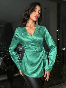 Allurite 花卉圖案提花側打結圍裹女士襯衫 - 綠色 - 查看 5