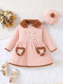 Baby Girl Double Breasted Borg Collar Coat & Hat - Pink - View 1