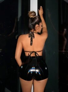 SHEIN SXY 流蘇邊後背繫帶繞頸短上衣 - 金色 - 查看 2