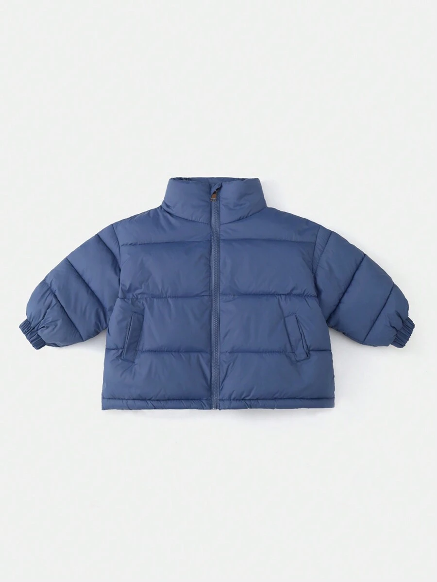 Young Boy Slant Pocket Zipper Padded Coat - Blue - View 1