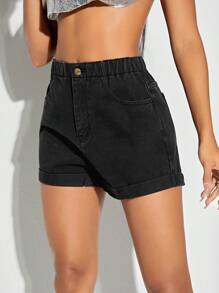 Flexra High Waist Roll Hem Denim Shorts - Black - View 3