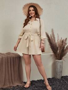 SHEIN VCAY 大碼蝙蝠袖腰帶襯衫連體短褲 - 杏色 - 查看 1