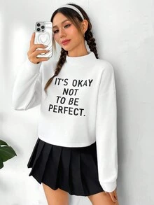 SHEIN Qutie 標語圖案小高領落肩袖運動衫 - 白色 - 查看 5