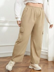 SHEIN Essnce Plus Flap Pocket Side Cargo Pants - Khaki - View 4