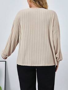 SHEIN Essnce Hơn Thả vai Đồ đan Ribbed Áo thun - Màu be - Xem 2
