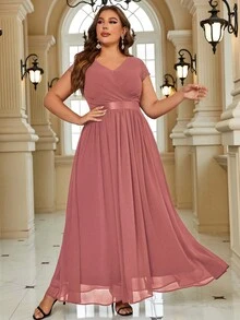 Plus Size Chiffon Lace Sleeve Ribbon Waist Evening Party Dress - Dusty Pink - View 3