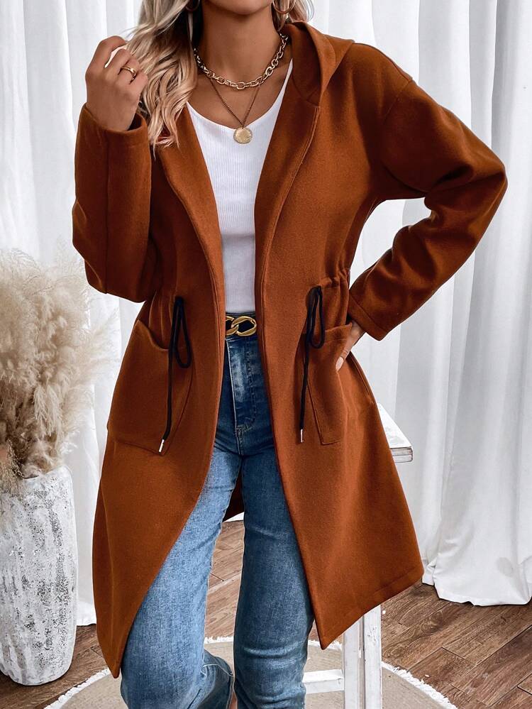 Dual Pocket Drawstring Waist Hooded Overcoat Fall Cloth For Women