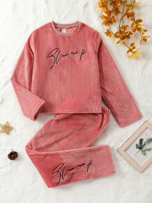Tween Girl Letter Embroidery Tee & Pants - Pink - View 1