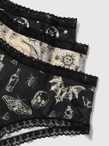 ROMWE Academia 大碼3件月亮&骷髅頭圖案蕾絲邊內褲