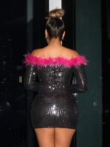 SHEIN SXY 一字肩毛茸邊亮片緊身洋裝