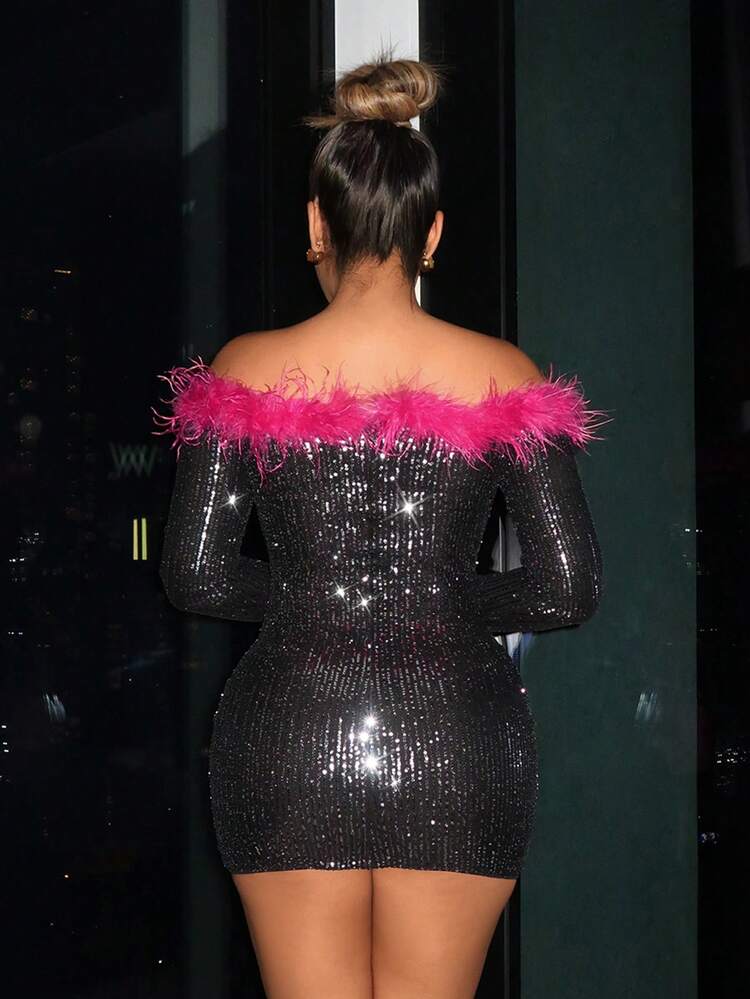 Off Shoulder Fuzzy Trim Sequin Bodycon Dress