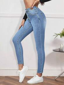 Högmidjade skinny jeans med tvätt - Mediumtvätt - Visa 3