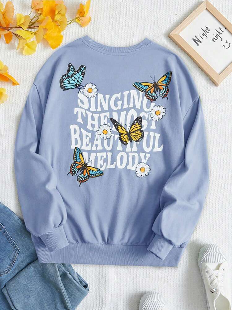 Teen Girl Slogan & Butterfly Print Drop Shoulder Sweatshirt