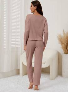 華夫格編織落肩T恤和褲子休閒服套裝 - 藕粉色 - 查看 2