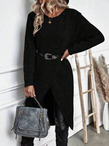 SHEIN Clasi Solid Wrap Hem Drop Shoulder Sweater,Long Sleeve Tops Knit Pullover Fall Winter Sweater - Black - View 5