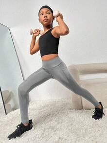 SHEIN Tween Girl Wide Waistband Phone Pocket Side Sports Leggings - Grey - View 3