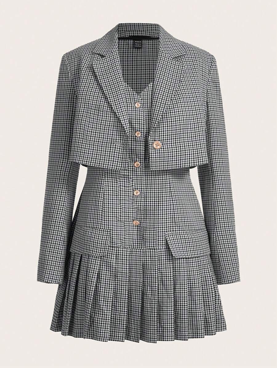SHEINNeu In kẻ sọc Váy Dây & Nút đơn Áo Jacket Crop - màu đen - Xem 1