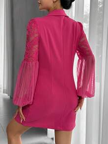 SHEIN Privé 蕾絲拼接燈籠袖雙排釦西裝洋裝 - 玫紅色 - 查看 2