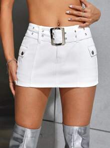 SHEIN ICON 翻蓋口袋腰帶牛仔半身裙 - 白色 - 查看 1