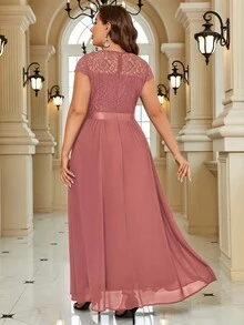 Plus Size Chiffon Lace Sleeve Ribbon Waist Evening Party Dress - Dusty Pink - View 2