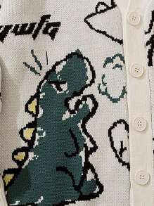 男士恐龙图案落肩口袋拼接开衫，秋冬季长袖上衣