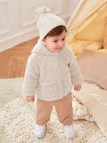 SHEIN Baby Boy 1pc Bear Embroidery Hooded Teddy Coat - Apricot - View 8