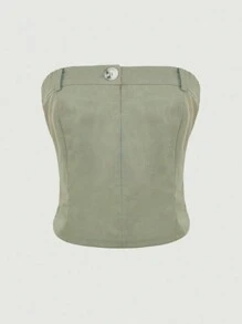 SHEIN ICON 純色鈕扣前抹胸 - 綠色 - 查看 1