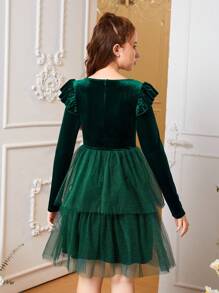 SHEIN Teen Girl Square Neck Ruffle Trim Mesh Overlay Velvet Dress Without Belt for Christmas - Green - View 2