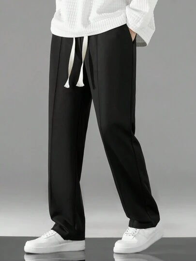 Men's Solid Color Casual Drawstring Waist Straight Leg Pants, Autumn