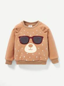 Cozy Pixies 男嬰卡通圖案3D耳朵設計加絨內裏運動衫 - 卡其色 - 查看 5