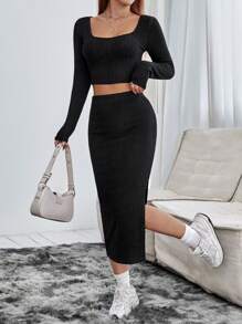 SHEIN PETITE Square Neck Crop Tee & Split Thigh Skirt - Black - View 3