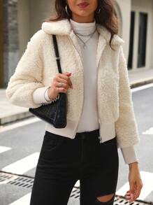 SHEIN LUNE 拉链泰迪女式冬季服装保暖加厚棉服外套 - 米色 - 查看 1