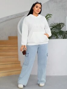 SHEIN EZwear Plus Size Wave & Japanese Letter Graphic Drop Shoulder Drawstring Sweatshirt - White - View 6