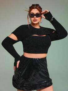 SHEIN ICON 大碼鏤空絨毛針織短款毛衣 - 黑色 - 查看 5