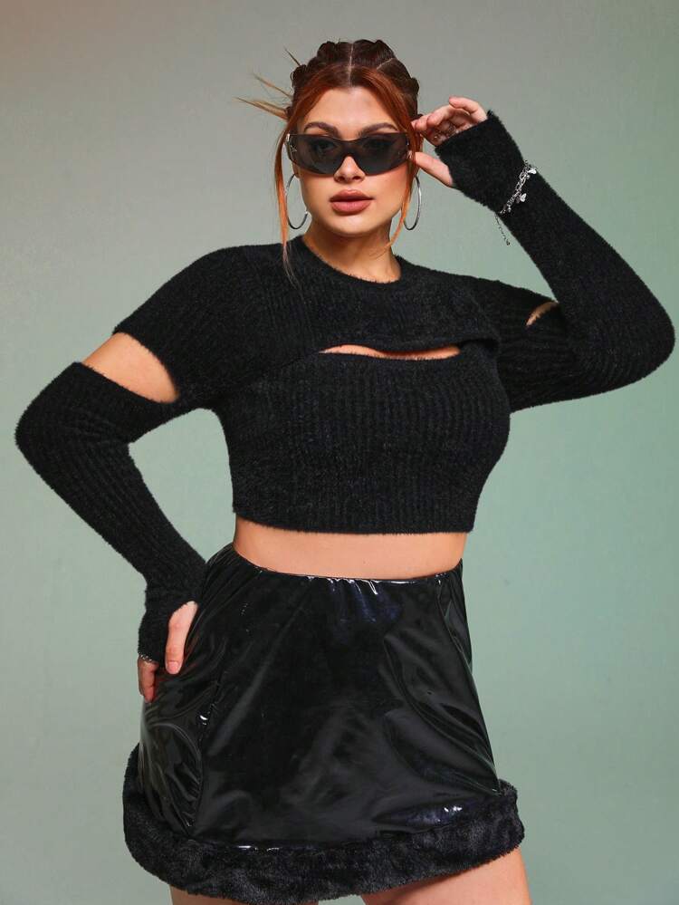 Plus Cut Out Fluffy Knit Crop Sweater