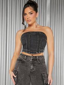 Denimoi Seam Detail Denim Tube Crop Top - Black - View 1