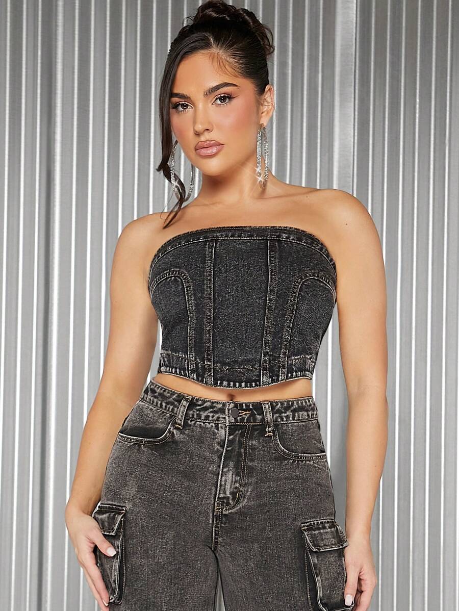 Denimoi Seam Detail Denim Tube Crop Top - Black - View 1