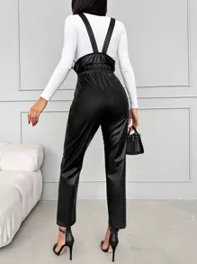 RueChic 拉鏈開襟PU皮革背帶連身褲不帶T恤