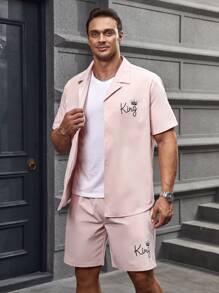 Manfinity Homme Loose Men's Plus Size Letter And Crown Print Shirt & Shorts Without Tee
